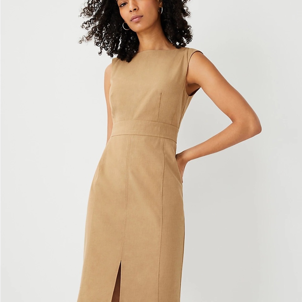 NWT Ann Taylor Petite Topstitched Front Slit Sheath Dress in classic tan Sz10P